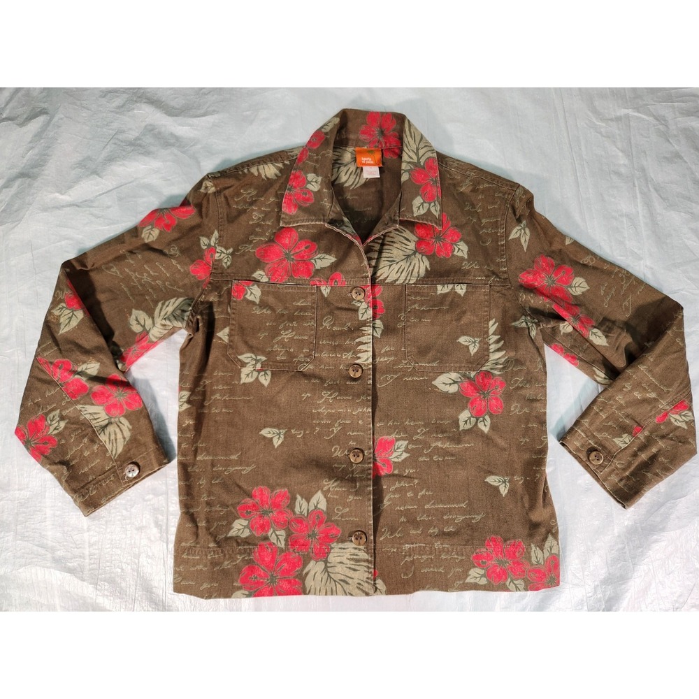 Hearts of Palm Brown Floral Jacket Womens Size 14 Boho Artsy Hawaiian Hibiscus